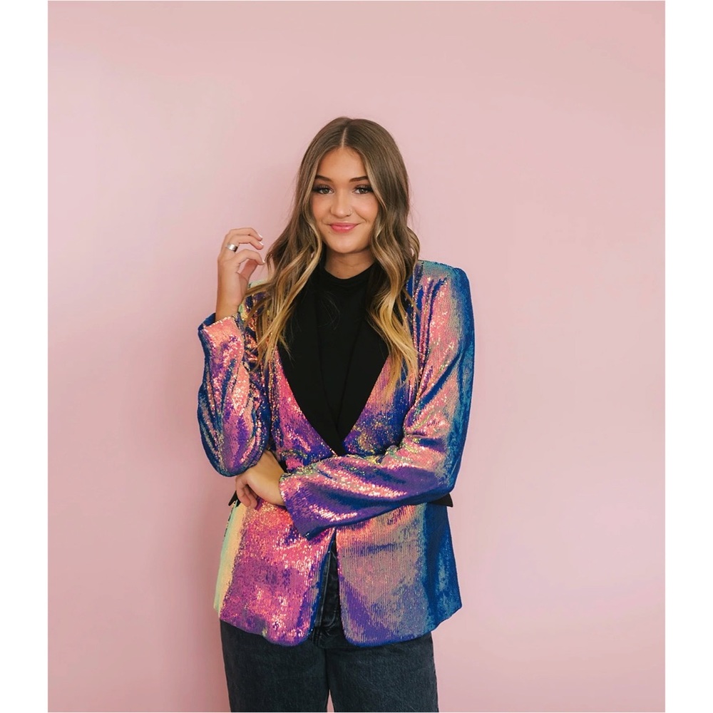 QUEEN OF SPARKLES Iridescent Sequin Blazer in Pink Purple Blue